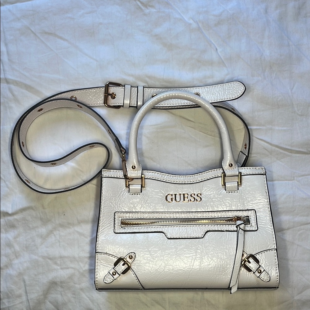 Guess White Satchel with Smooth Finish and Gold Accents